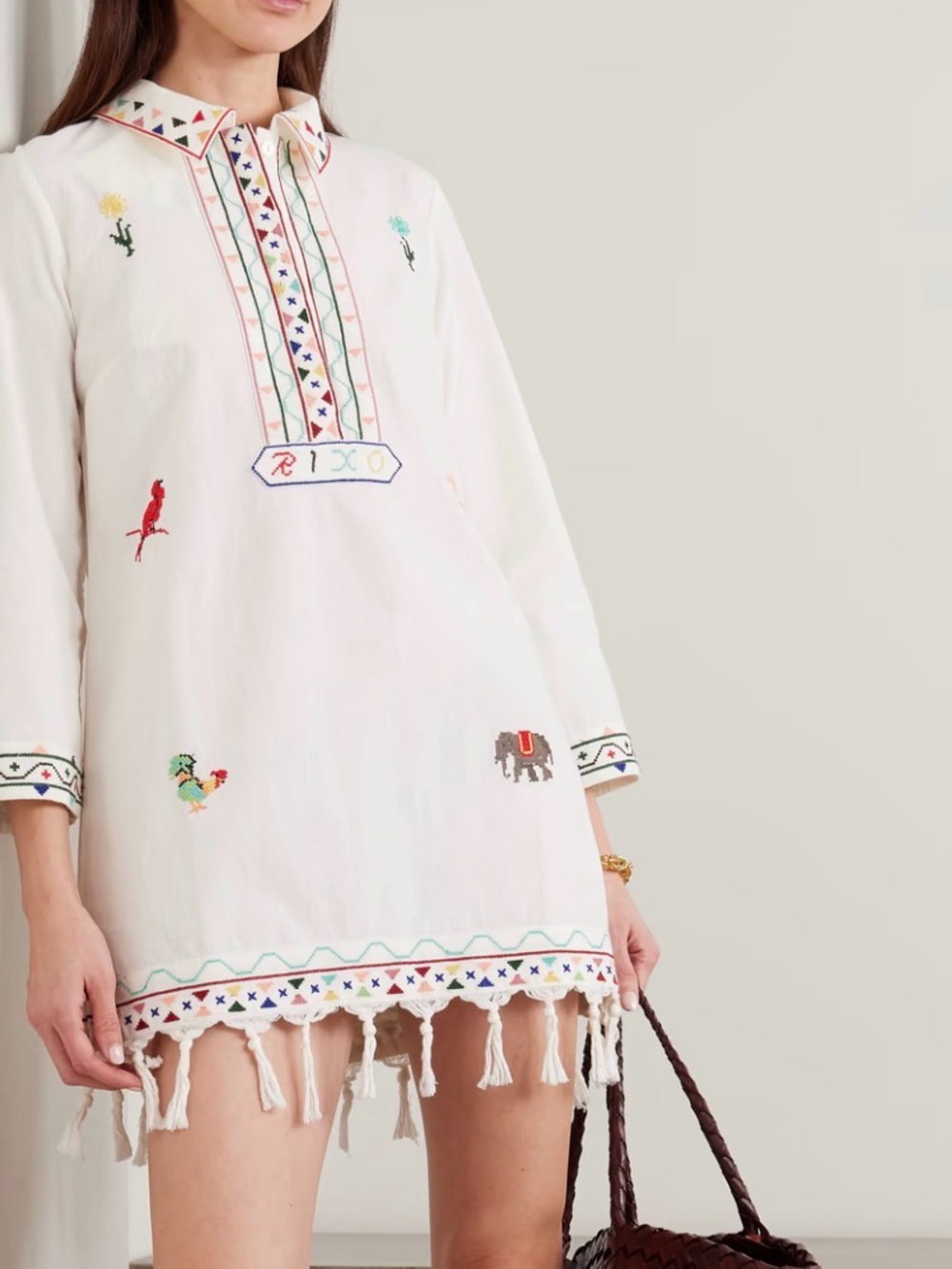 RIXO White Embroidered Tassel Beach Tunic with Multicolor Motifs